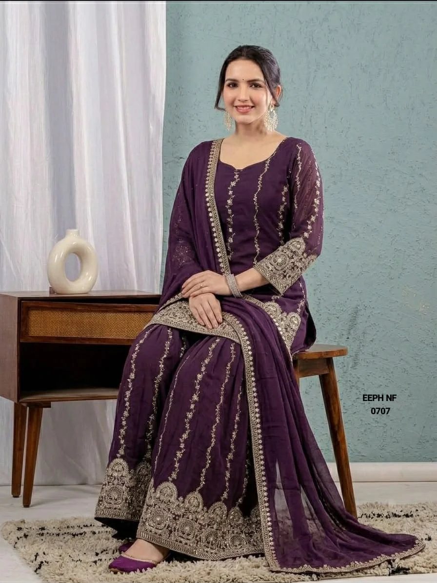 Faux Georgette Embroidered Sharara Suit Set.